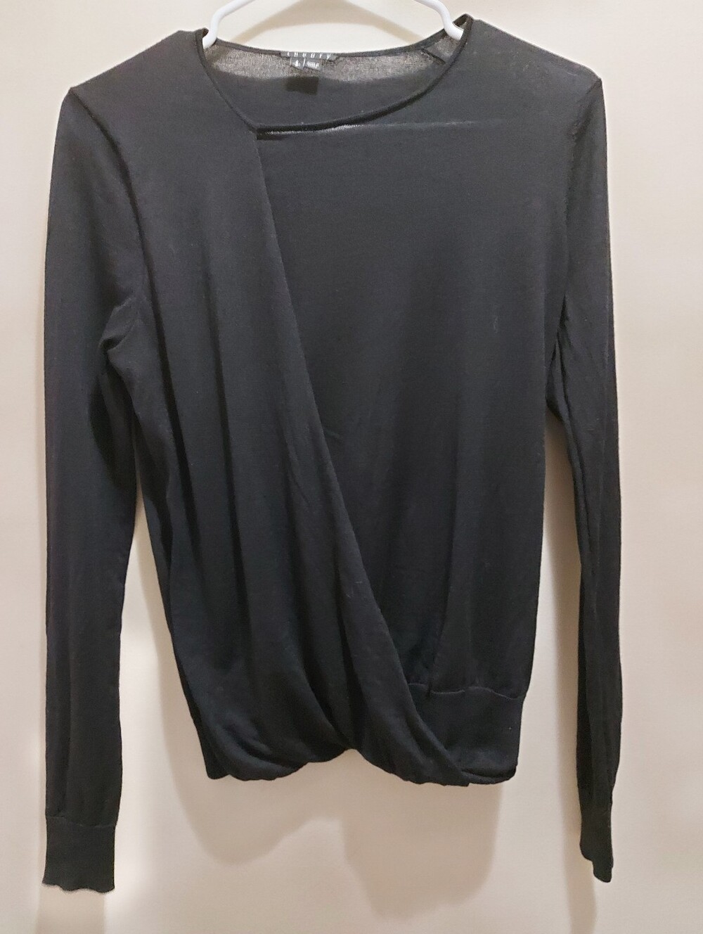 Theory Wool-Silk Blend Black Long-Sleeve Draped Front Sweater